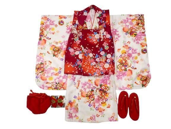七五三 三歳用 被布 7点 セット 白地 鈴 桜 柄 No.2302 七五三 三歳用 着物 被布 7点 セット 白地 鈴 桜 柄 No.2302