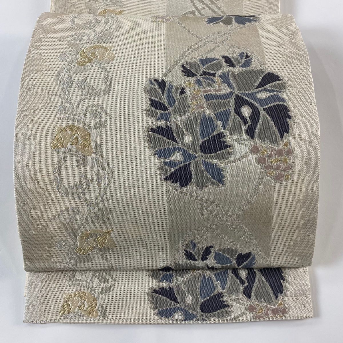 袋帯 秀品 夏帯 絽 葡萄 花唐草 金銀糸 箔 灰白 六通 正絹
