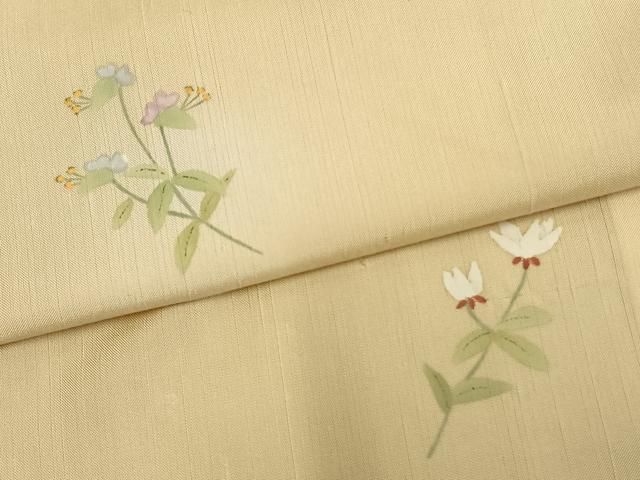 平和屋着物▽上質な小紋 単衣 紬地 手描き 草花文 正絹 逸品