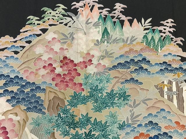 平和屋着物●豪華色留袖　友禅　風景松文　金彩　正絹　逸品　未使用　AABD7666ck 平和屋着物□豪華黒留袖 友禅 作家物 風景文 正絹 逸品 AAAY3535mf