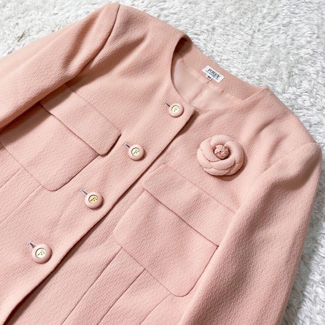 FOXEY ノーカラージャケット 40 ベージュ フォクシー クラシック