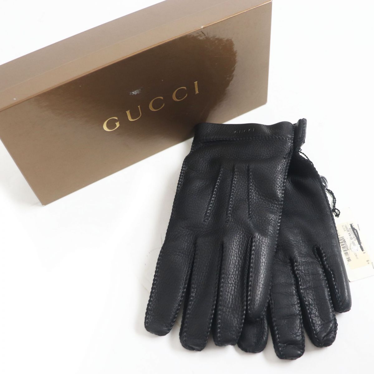 未使用品□GUCCI/グッチ ロゴ入り 裏カシミヤ100％ レザーグローブ