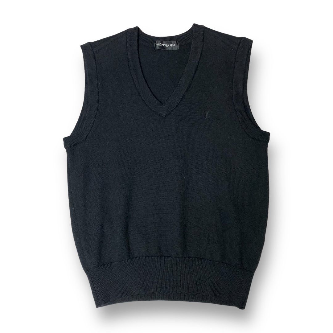 90s Yves Saint Laurent V-Neck Knit Vest イヴサンローラン Vネックニットベスト ブラック Mサイズ ロゴ刺繍  YSL 福助 ライセンス品