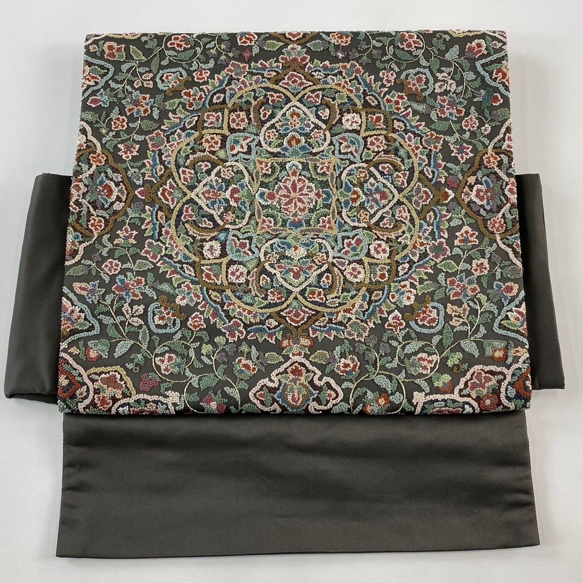 付け帯 作り帯 華文 草花 相良刺繍 金糸 墨色 正絹