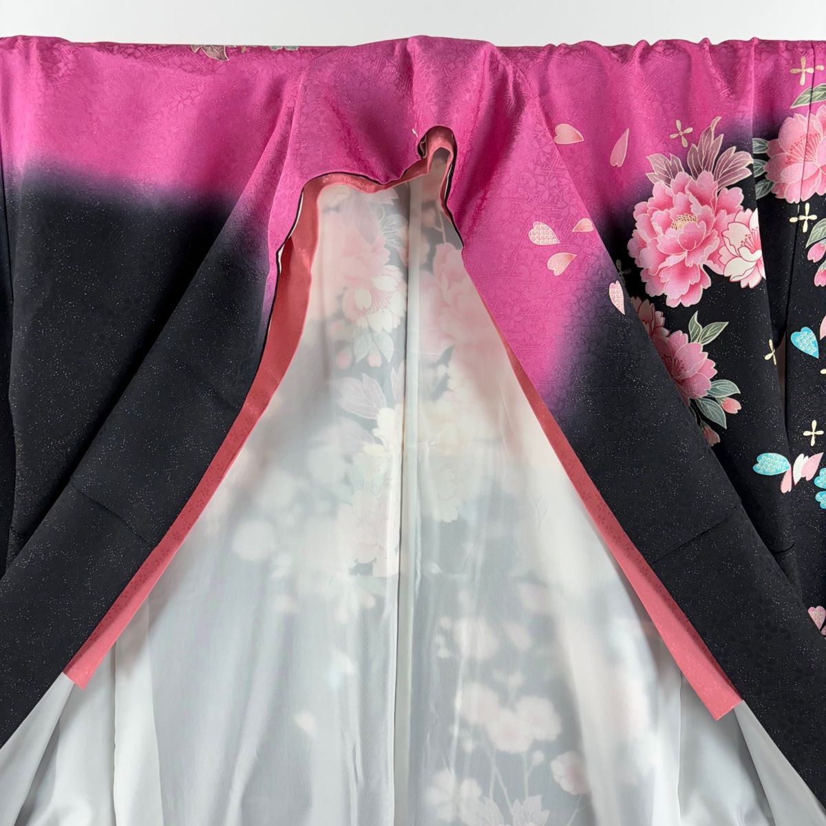 振袖 袷 牡丹 L 正絹 桜 裄丈68cm 身丈161.5cm 金糸 赤 箔 落款 M 金彩 