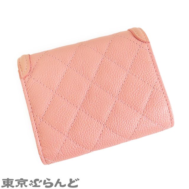 シャネル CHANEL コンパクトウォレット ピンク ゴールド金具 キャビアスキン CCフィリグリー ココマーク マトラッセ 27番台 三つ折り財布 レディース 101825947