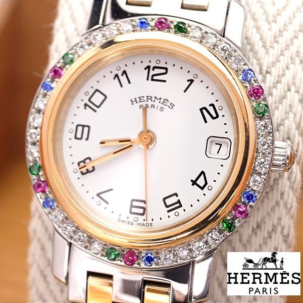 特注エルメスHERMESダイヤベゼルホワイト文字盤レディース腕時計付属品