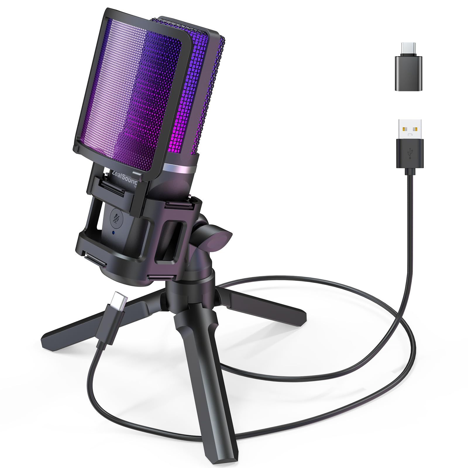 録音 Type-C Zoom Discord アダプター、ミュート Skype 電話用、YouTube Mac ボタン、三脚スタンド、ポップ PS4u00265 プラグ＆プレイ フィルター カーディオイド指向性 RGBライティング u0026 マイク マイ