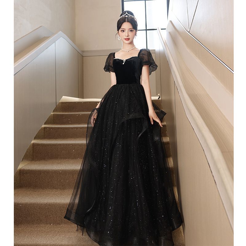 パーティードレス ロング 袖あり ロングドレス 黒 結婚式 お呼ばれ ドレス 演奏会 袖付き 花嫁ドレス フォーマルワンピース Aライン ボリューム袖 卒業式 入学式 シンプル 20代 30代 40代 DZ30