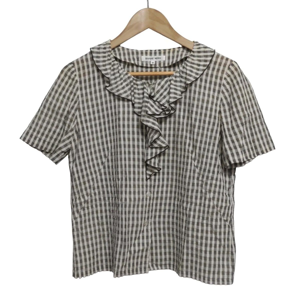 HANAE MORI ハナエモリ 半袖シャツブラウス サイズ38 M レディース - アイボリー×グレー×グレーベージュ チェック柄 フリル