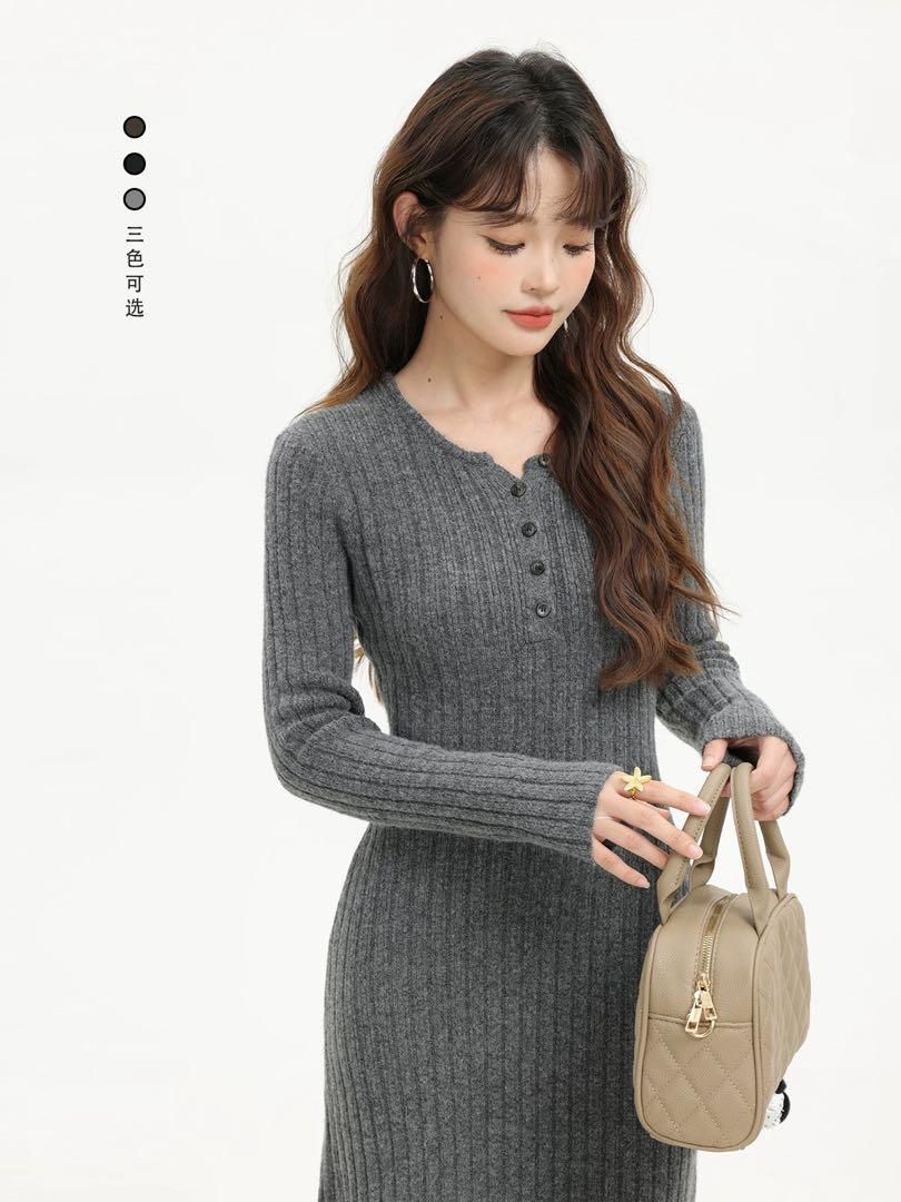 スリムフィット韓国風ロングドレス 春デートコーデに最適