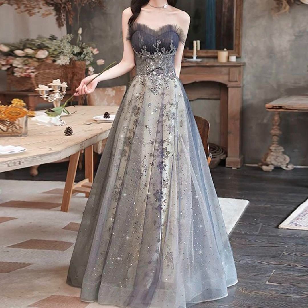 ベアとパフスリーブの2種類 お花柄イブニングドレス