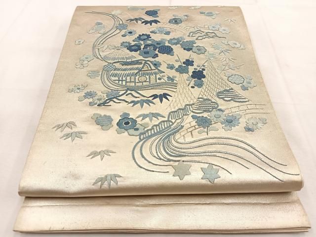 平和屋着物◎太鼓柄袋帯 総刺繍 銀駒刺繍 御所解風景花文 銀糸