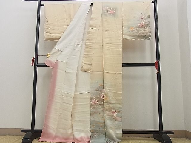 平和屋野田店□訪問着 刺繍 牡丹 暈し染め 銀彩 逸品 n-zb0059 - 平和