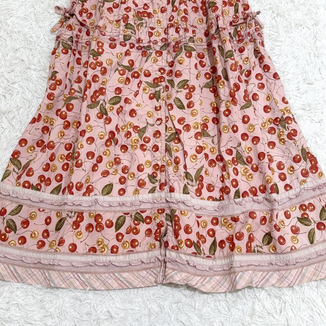 美品 PINK HOUSE ピンクチェリー柄半袖ワンピース ロング フリル