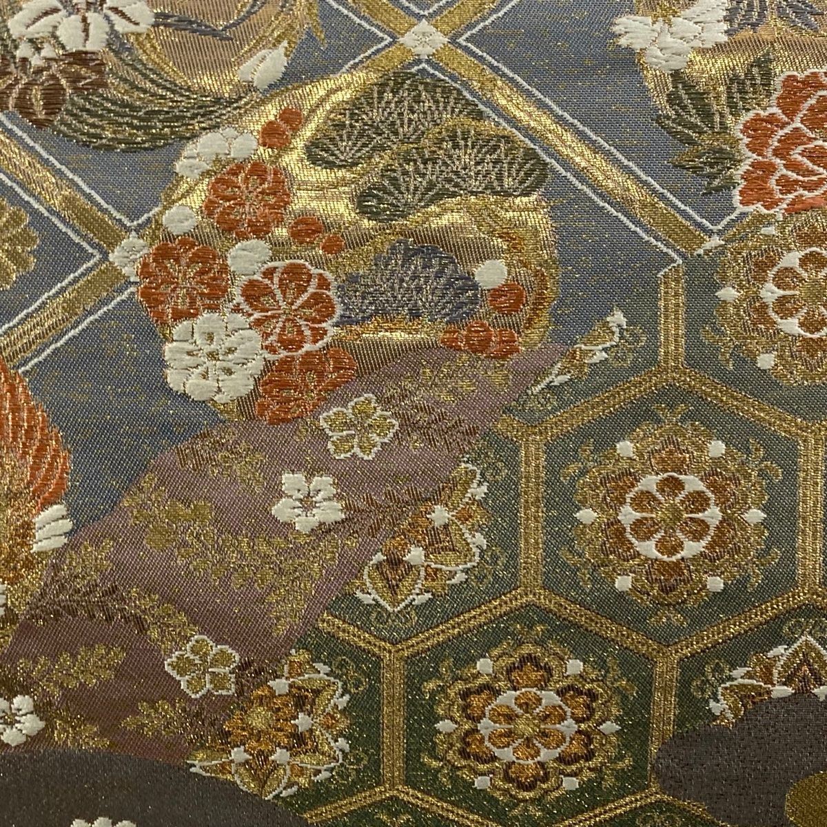 細密織 襦珍織 袋帯 青銅箔 玉虫色 金糸 正絹 六通 Q1053