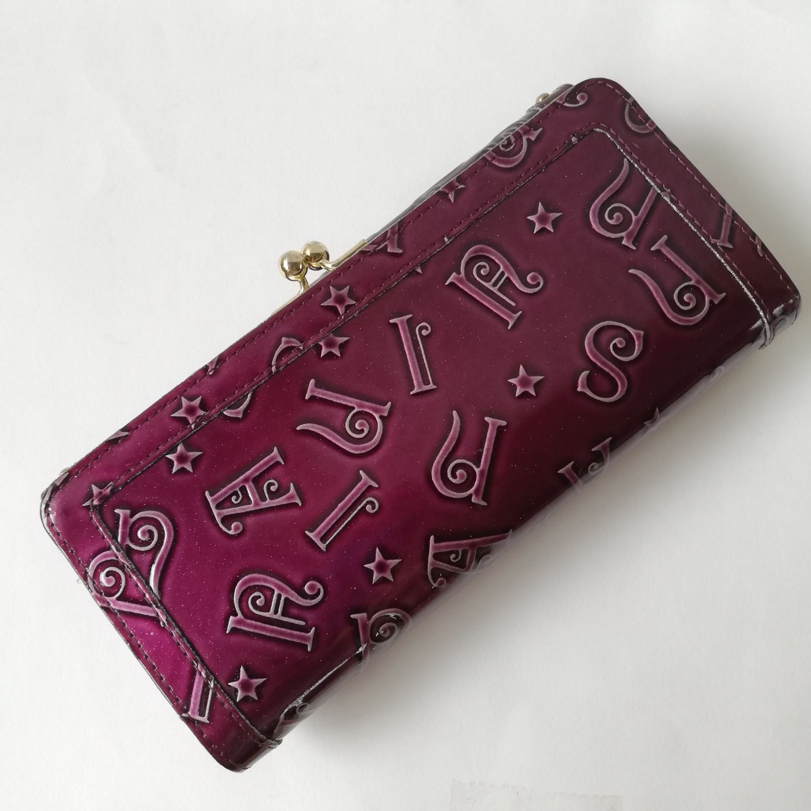 アナスイ【ANNA SUI】がま口の長財布ウォレット/パープル紫の型押し 