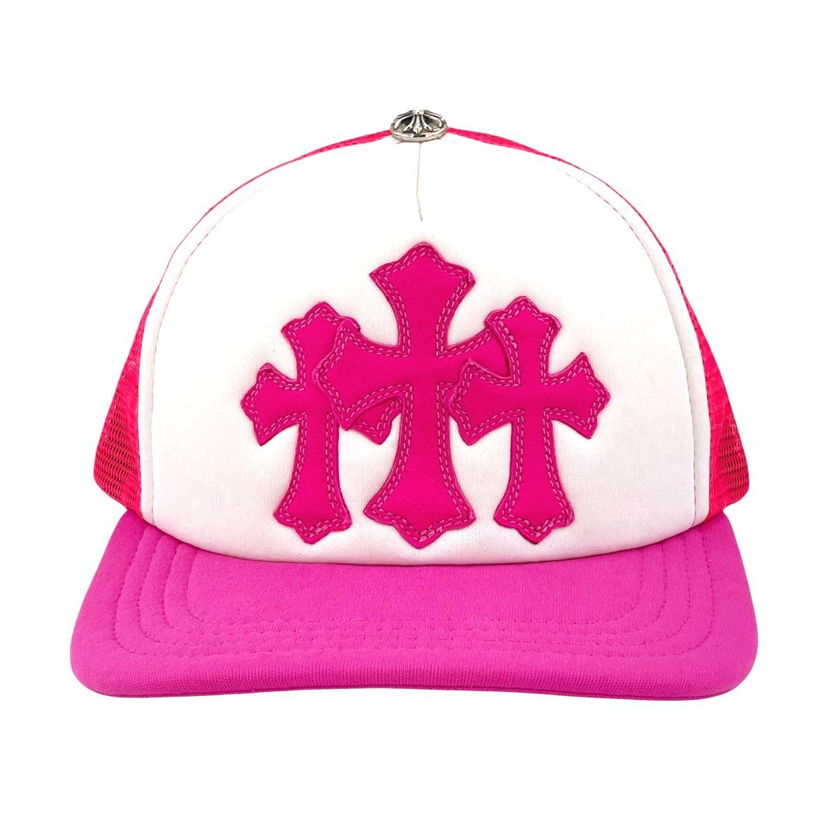 CHROME HEARTS クロムハーツ トラッカーキャップ セメタリークロス 3クロス ピンク スクロールラベル メッシュキャップ クロスボール レザー クロスパッチ メンズ レディース 25030430 AO