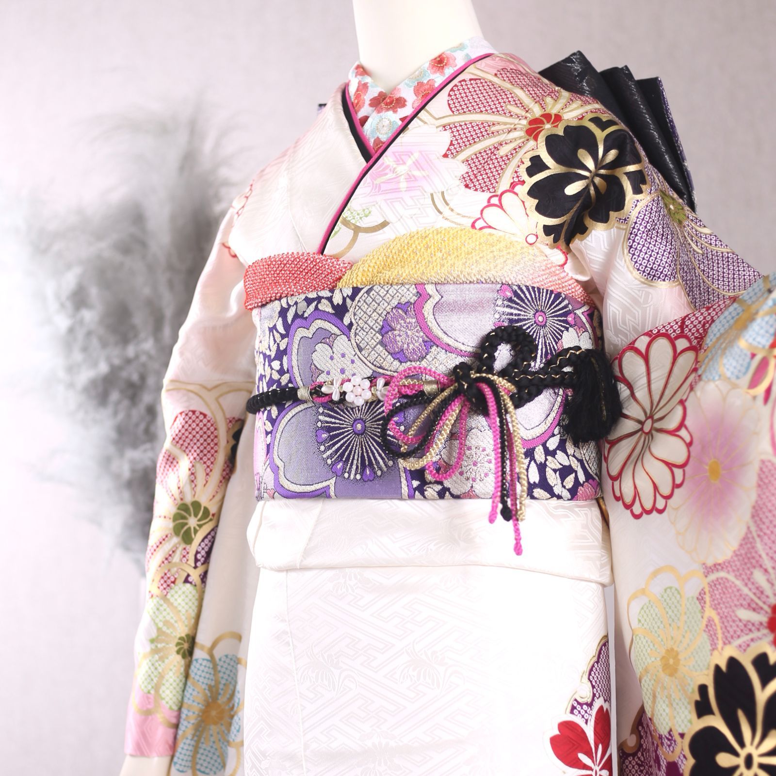 振袖フルセット 振袖セット 振袖 Lサイズ 中古 白×レトロモダン 美品