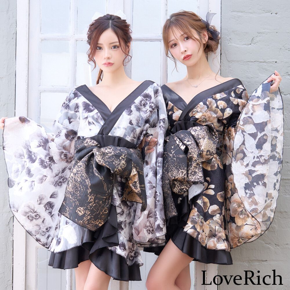 LoveRich ラブリッチ ライン 2 |2点セット フラワー柄 ミニ 豪華 花魁 着物 ドレス コスプレ イベント 1519