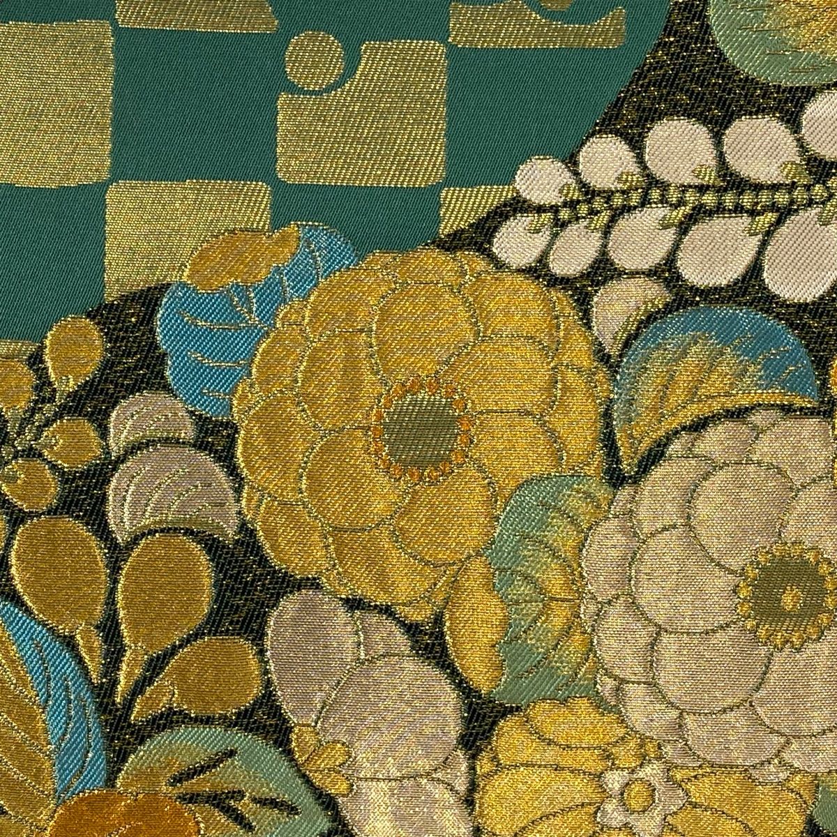 袋帯 秀品 草花 市松 金銀糸 箔 緑 六通 正絹