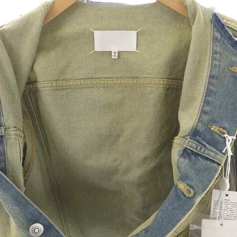 メゾンマルジェラ Maison Margiela 22SS Dirty Denim Jacket 白タグ デニムジャケット ノーカラー ダメージ加工  クロップド丈 38 青 黄色 ブルー イエロー S31AM0308 /MI □OS - メルカリ