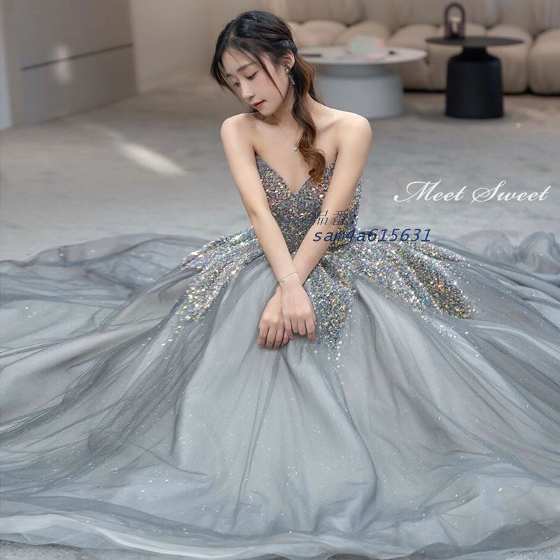 ドレス ロングドレス 演奏会 イブニングドレス プリンセスライン ステージ 発表会 シルバー スパン 大人 グレー 舞台衣装 コンサート コンクール am4a615631