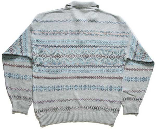 90s DOGMA フェアアイル柄 リネン混 コットンニット ポロシャツ 48 セーター ビンテージ ユーロ ヨーロッパ ジャガード 編み柄 パステル