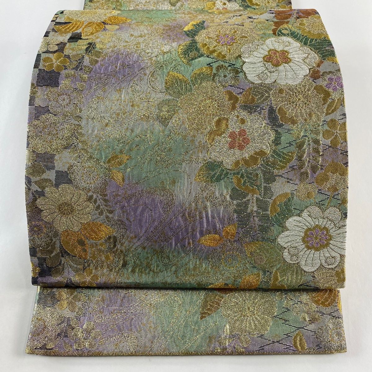 袋帯 秀品 辻が花柄 流水 金銀糸 箔 薄紫 六通 正絹 【中古