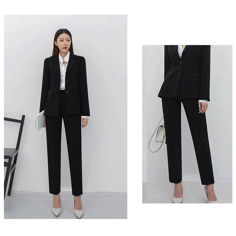 韓国トレンド黒シースルーパンツスーツ サイドライン 胸元開き 長袖ストレートロングパンツ