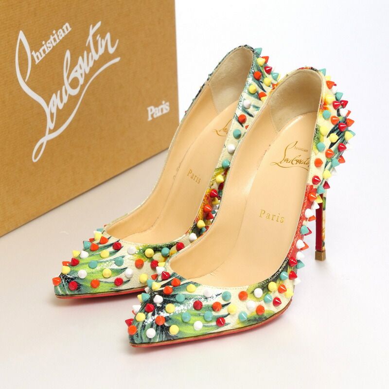 ■美品■ Christian Louboutin クリスチャンルブタン FOLLIES SPIKES 100 CALF HAWAII スタッズ  パンプス サイズ36.5（23.0cm相当） 花柄 イタリア製 ブランド古着【中古】20230703/GN6950