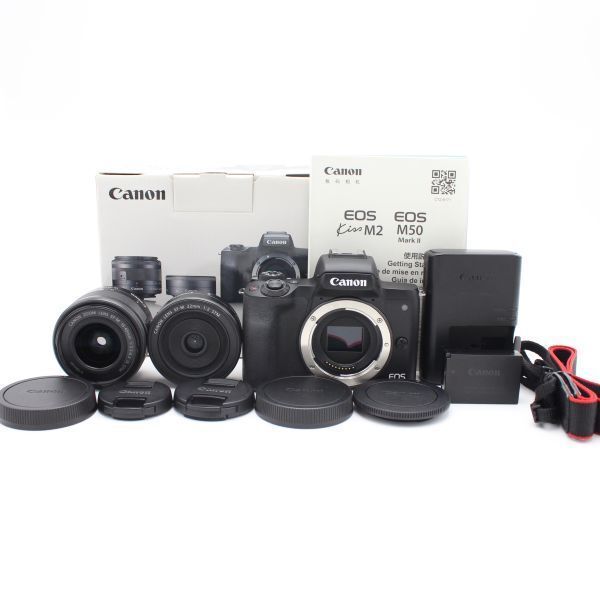 ショット数17000以下 CANONミラーレス一眼カメラ EOS Kiss M2 ダブルレンズキット ブラック KISSM2BK-WLK ♯77008