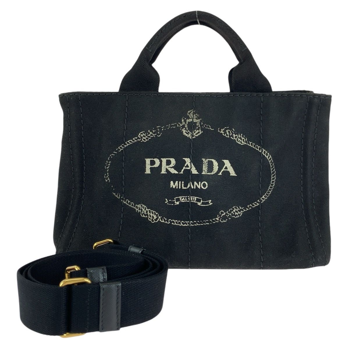 PRADA プラダ カナパ 三角ロゴプレート ブラック 黒 ゴールド金具 キャンバス トートバッグ ショルダーバッグ 2way レディース  407694【中古】 - メルカリ