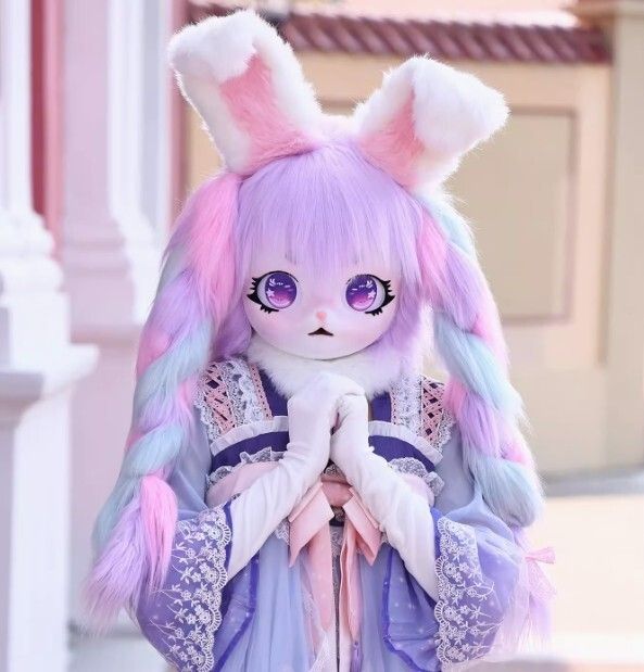 着ぐるみヘッド ウサギ耳 紫 兎面 全頭ヘッド ケモノ マスク ファー