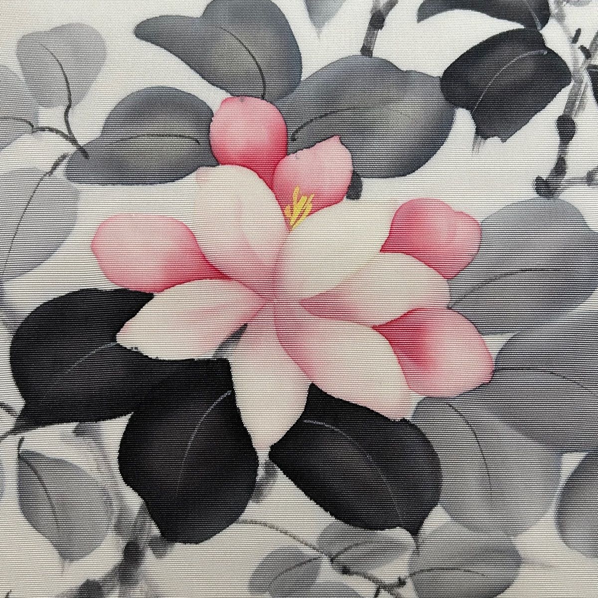 名古屋帯 作家物 塩瀬 手描き 雀 竹 白鼠色 O-5653