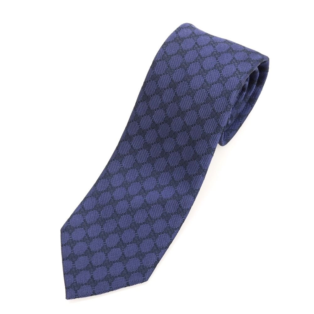 【中古】グッチ GUCCI ワンポイントストライプ ダブルG 3つ折り シルク ネクタイ ネイビー【メンズ】