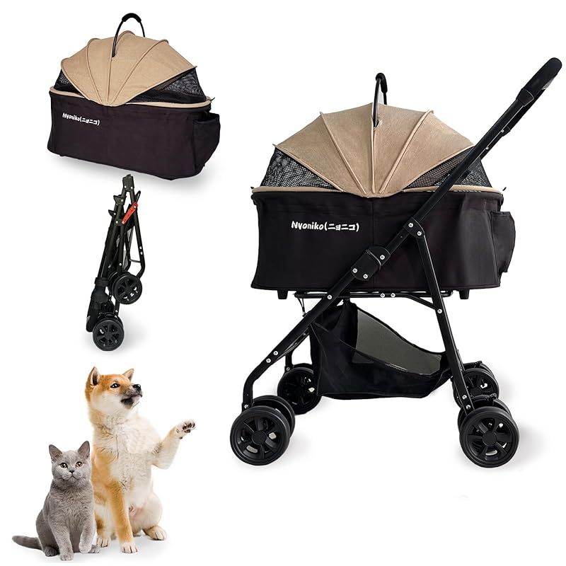 Nyoniko ニョニコ ペットカート 分離型 折りたたみ 犬 バギー 8輪 ワンタッチ 前輪360°回転 輪ブレーキ付き ペットキャリーカート 犬用ベビーカー ペットバギー 小型犬 中型犬 猫 多頭 飛び出し防止 組み立て簡単 軽量 散歩 お出かけ 0