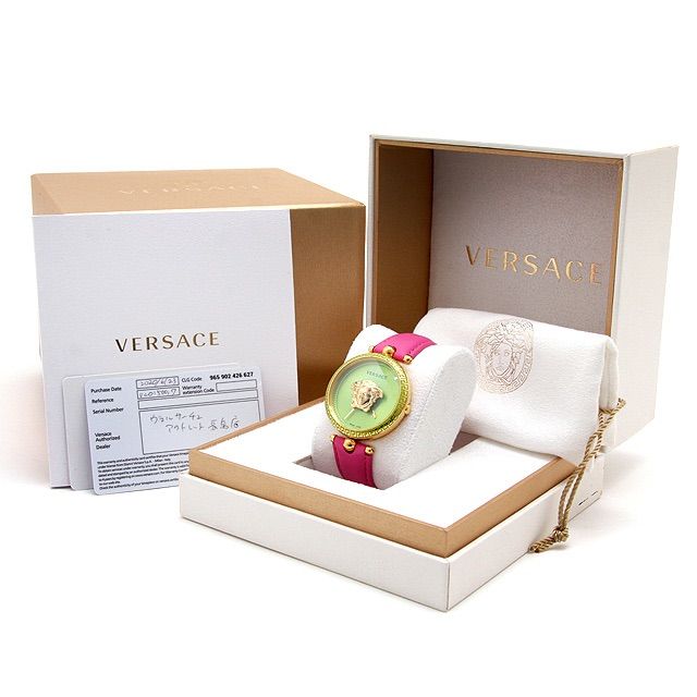 美品 ヴェルサーチ 腕時計 パラッツオ エンパイヤ レディースクォーツ VCO1500.7 VERSACE ヴェルサーチェ ブランド時計 アナログ時計 電池式 ピンク ライムグリーン ポップ ジョジョ