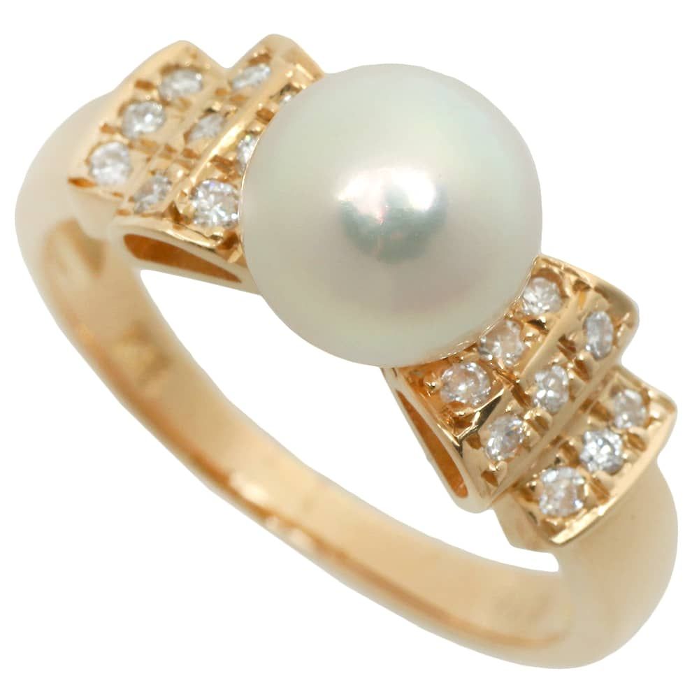 ◈ 本物保証 鑑付 リング 指輪 K18YG 約3.9g アコヤ養殖真珠約7.6mm メレダイヤ0.18ct 約12.5号 パール リボン ノーブランド
