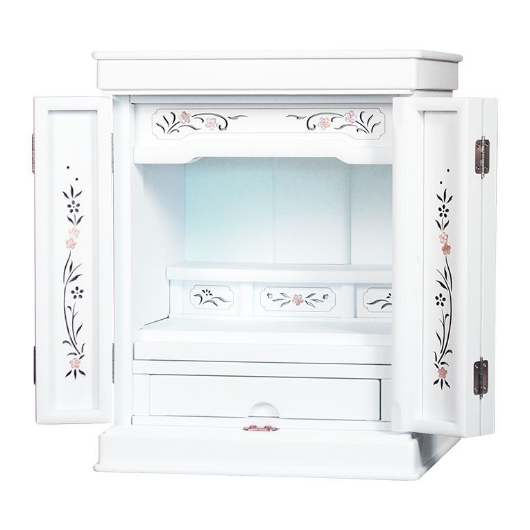 ホワイト色 仏壇付仏壇 伝統型仏壇 天然貝 螺鈿細工 和モダン 花夕 はなゆう 16号 仏具一式 小型仏壇 家具調仏壇 上置き仏壇