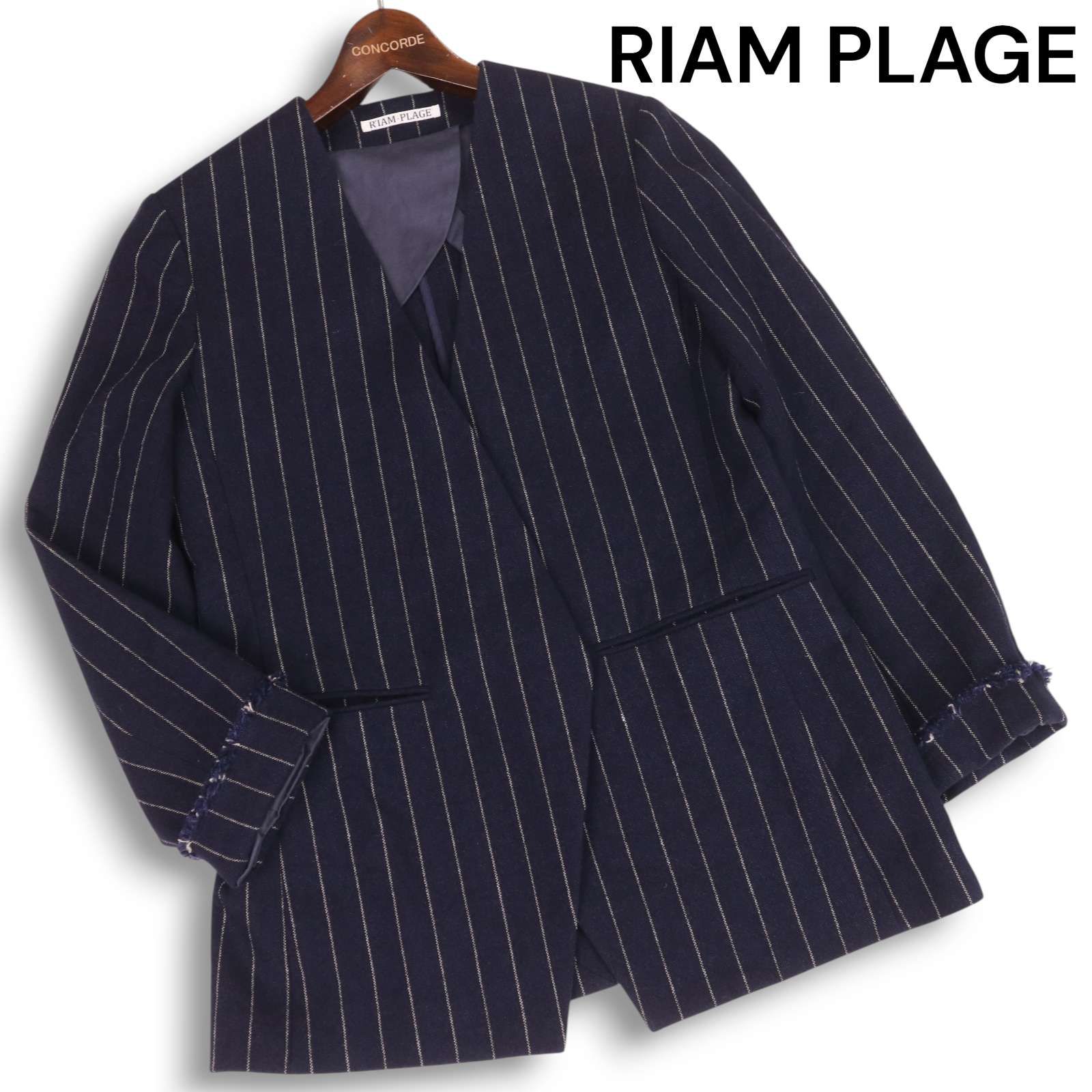 R IAM-PLAGE リアムプラージュ 秋冬 ウール リネン ストライプ ノー ジャケット Sz.38 レディース 紺