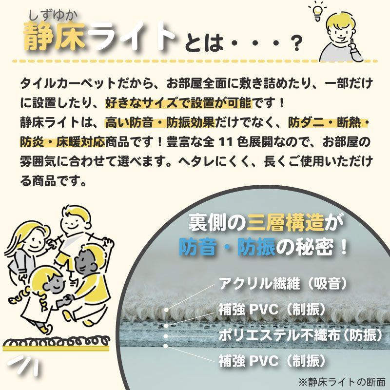 防音タイルカーペット 静床ライト バラ9枚 防音マット 防音シート ピアノ 床 騒音対策 防音専門ピアリビング
