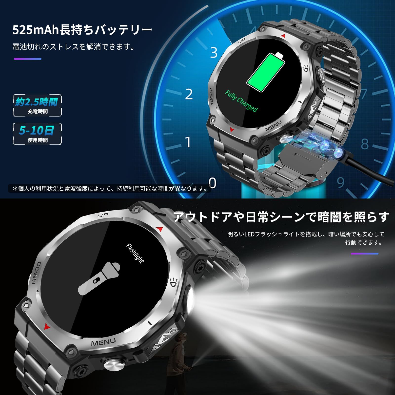 音楽制御 カメラ制御 音声アシスタント 5ATM防水 歩数計 GPS運動記録 100 運動モード 腕時計 525mAh長持ちバッテリー 目覚まし時計 AMOLEDディスプレイ 天気予報 Super 100 文字盤 1.43インチ Line メッセージ