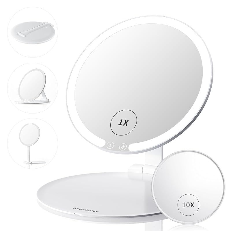 Beautifive LED 化粧鏡 女優ミラー 卓上ミラー 折り畳み式 ライト付きミラー 10倍拡大ポケットミラー付き HDミラー どこでも持ち運び USB充電1週間利用可能 側面ガイドライトテクノロジー採用 ４