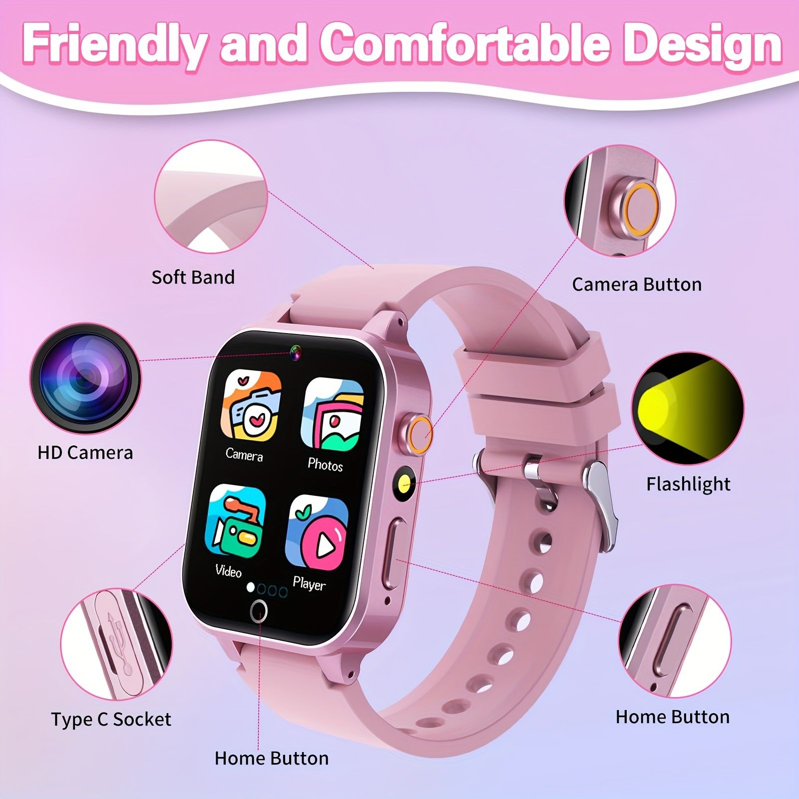 1個 かわいいピンクのシリコン製スマートウォッチ、HDタッチスクリーン、26種類のゲーム、130Wカメラ、音楽、歩数計、USB充電、防水ではない、デジタルディスプレイ、アルミニウム合金ケー
