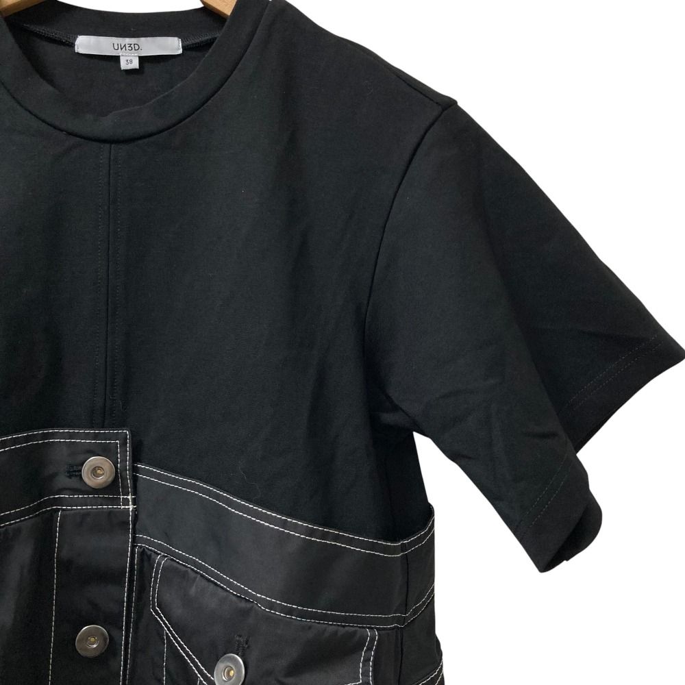 UN 3 D アンスリード デニムディテールドッキング 半袖 Tシャツ サイズ38 ブラック レディース 古着