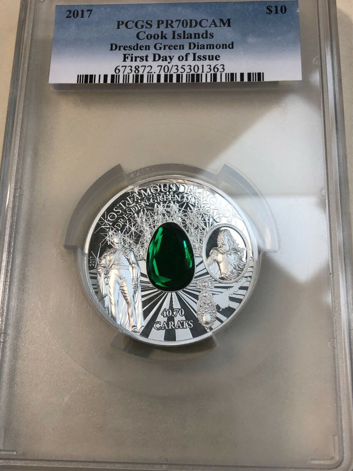 2017 PCGS PR70 DCAM Cook Islands Dresden Green Diamond FDI $10 Silver Coin