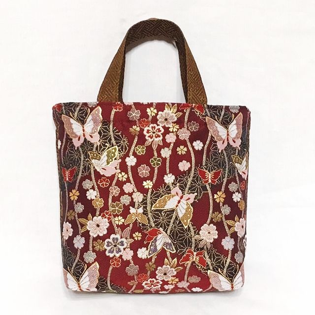 金襴布トートバッグ 蝶々（赤） 和柄バッグ 和装に最適 シックな赤
