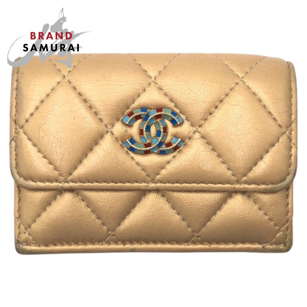 CHANEL シャネル マトラッセ ココマーク ゴールド レザー 三つ折り財布 折財布 コンパクトウォレット レディース 502173