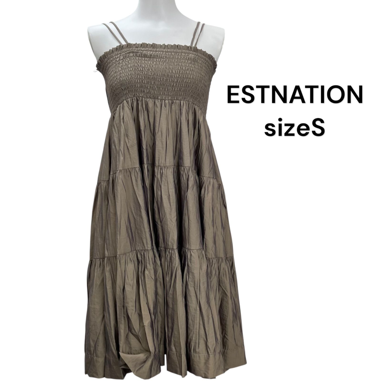 □ 美品 ESTNATION エストネーション ワンピース 膝丈 ベアトップ モカ 